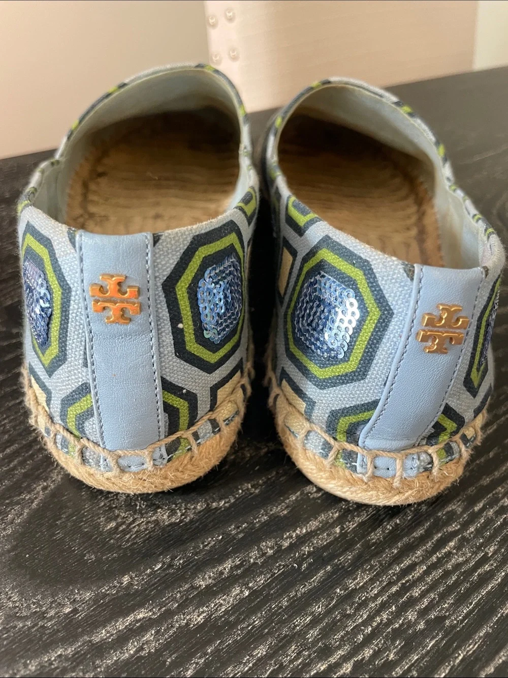 Tory Burch Geometric Sequin Espadrilles in Blue, Green & Cream